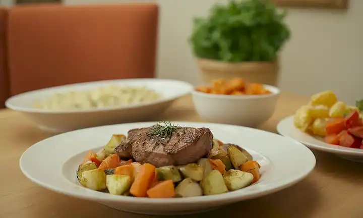 Un tazón, placa blanca, suave fuente de luz, colores cálidos, atmósfera reconfortante, carne tierna, verduras suaves, adorno atractivo, aroma de buqueo, perspectiva canina, disparo de acercamiento, fondo borroso, tonos relajantes