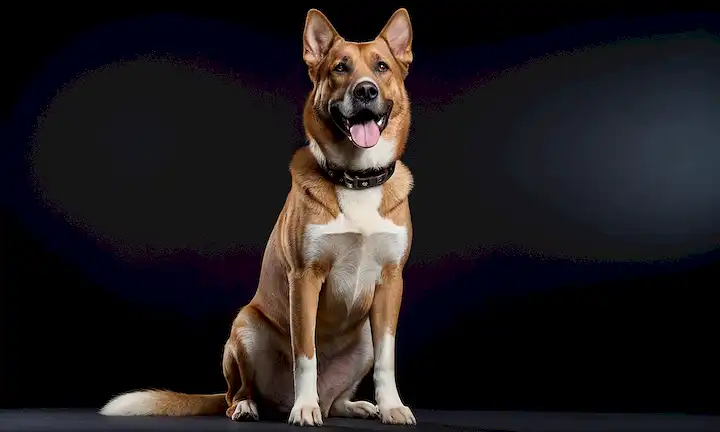 Un perro grande, elegante y musculoso con un patrón distintivo del abrigo, de pie recto en sus patas traseras, con un cuello brillante, en un fondo audaz y oscuro, con ojos intensos mirando hacia adelante, y un toque de una sonrisa, rodeado de sombras sutiles y momentos destacados, transmitiendo confianza y vigilancia