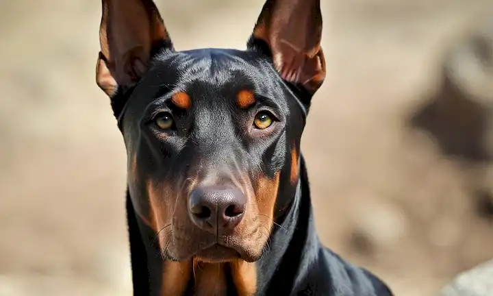 Un disparo de cerca de la cabeza de Doberman Pinschers con mirada penetrante