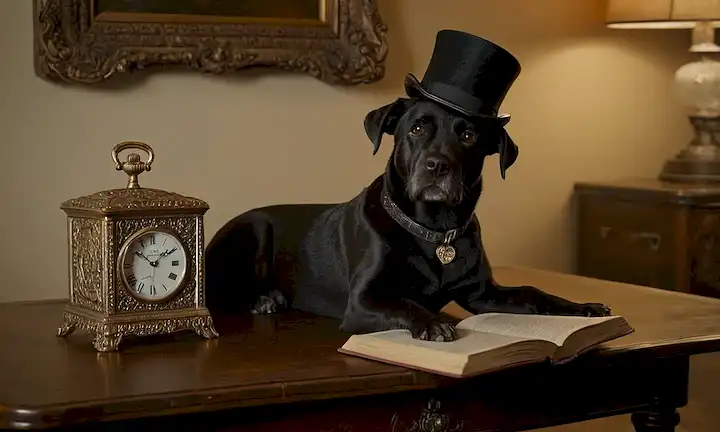 Perro negro de estilo 1920 con recubrimiento brillante, construcción muscular, y forma de cabeza distintiva, sentado en una mesa con un marco de madera ornamentada, rodeado de artículos antiguos como reloj de bolsillo, sombrero superior y libro viejo, con iluminación suave y sombras sutiles