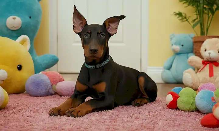 Un amistoso cachorro Doberman sentado en una alfombra, rodeado de juguetes suaves y manos suaves, con un fondo brillante y colorido, con un patrón sutil de hojas o flores, transmitiendo un sentido de calidez y nutrición, con un posible enfoque en los cachorros cara expresiva y oídos