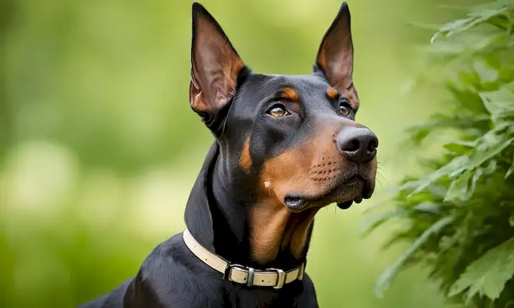 A Doberman Pinscher imagen de perfil de raza perro con un perro de tamaño mediano, musculoso con un abrigo corto, suave en color negro o rojo, con oídos erectos y una parada distintiva en la boquilla, rodeado de exuberante vegetación o un fondo neutro, transportando elegancia y agilidad