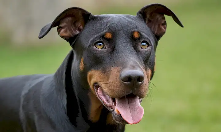 Un acercamiento de un elegante y negro Doberman Pinscher con ojos perforantes, colocado contra un fondo borroso; los perros orejas están ligeramente inclinados hacia arriba, y su lengua está saliendo de su boca; la imagen debe transmitir un sentido de alerta, inteligencia y lealtad