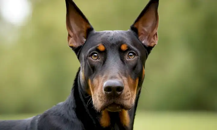 un plano de un rostro Dobermans con expresión inteligente y enfocada, coma, un sutil toque de curiosidad en sus ojos, coma, una suave sonrisa en sus labios, coma, un suave fondo borroso para enfatizar el tema, coma, una cálida y acogedora iluminación para transmitir las razas naturaleza amigable