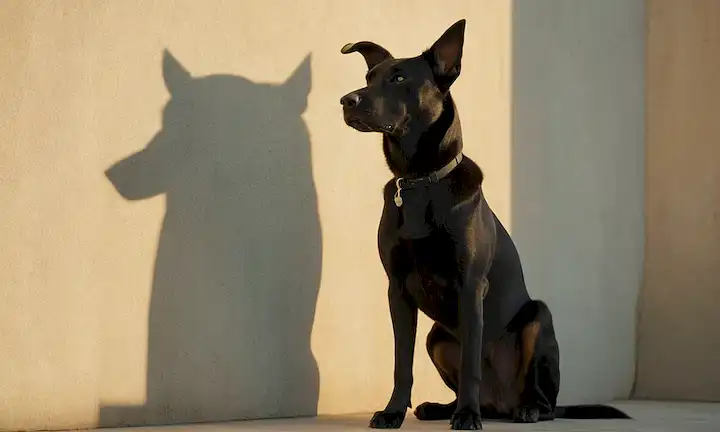 Un perro negro elegante con una construcción muscular, mirada penetrante y orejas floppy, de pie sobre un fondo gris de hormigón, rodeado de sombras sutiles, contra una cálida luz dorada, transportando fuerza y elegancia
