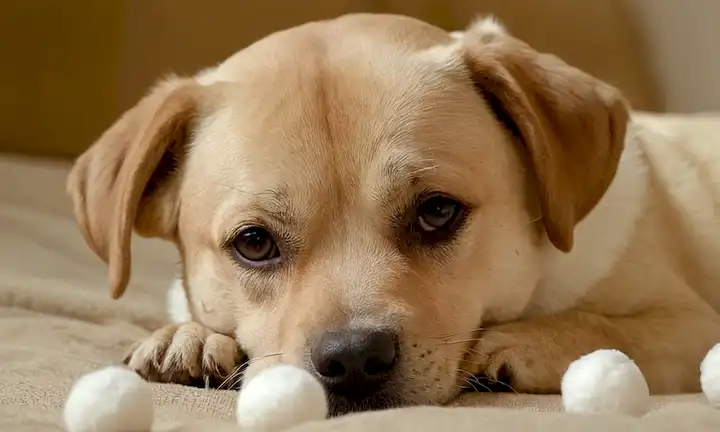 Fondo suave, calmante, iluminación suave, disparo de cerca de una cara de perros con piel sensible, texturas sutiles, colores relajantes, tal vez algunos elementos estratégicos colocados como una bola de algodón o cepillo suave para enfatizar comodidad y cuidado