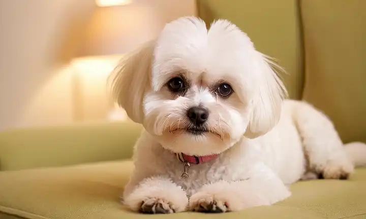 Criaturas de perro suaves, como Bichon Frise o Maltese, sentado cómodamente, enfoque suave, paleta de color pastel, iluminación sutil, textura de fondo calmante, sombras sutiles, suaves expresiones faciales, orejas delicadas, patas tiernas, ambiente relajante, atención al detalle sobre texturas de piel