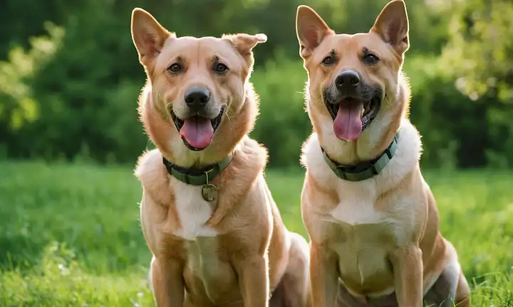 2 perros adultos con piel sensible, de pie sobre un campo pastoso, sosteniendo filetes de salmón en sus bocas, usando collares cómodos, rodeado de vegetación exuberante, sol brillando, brisa suave soplando, sin signos de incomodidad o angustia