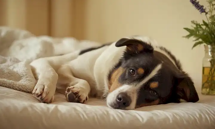 Perro suave con piel sensible acostada en una cama suave, rodeado de aceites esenciales calmantes y relajantes remedios herbales, con un enfoque sutil en las texturas y colores del entorno circundante, evocando un sentido de serenidad y comodidad