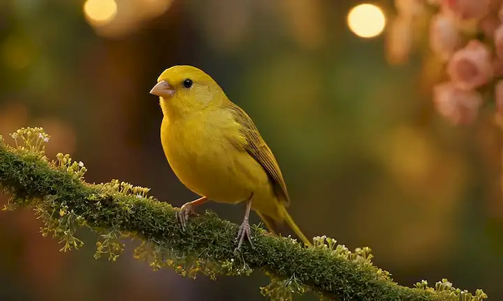 Un pájaro canario con un sutil resplandor tipo virus, rodeado de delicados patrones florales, en un ambiente cálido y acogedor, que transmite una sensación de comodidad, cuidado y experiencia