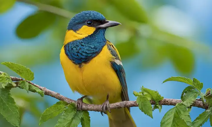 Un pájaro vibrante encaramado en una rama, rodeado de vegetación exuberante, con plumas en varios tonos de amarillo, blanco y gris, mostrando marcas o patrones distintos, con ojos mirando directamente al espectador, contra un fondo azul suave o azul oscuro, con sutil sombra para transmitir profundidad y textura