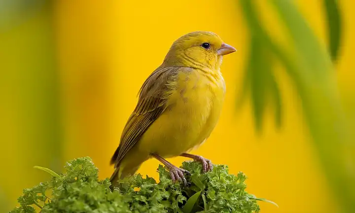 Ave canaria en percha con plumas rofadas, rodeada de vibrantes plantas amarillas y verdes, con un fondo sutil borroso para enfatizar los detalles de las aves, iluminación cálida para resaltar su plumaje