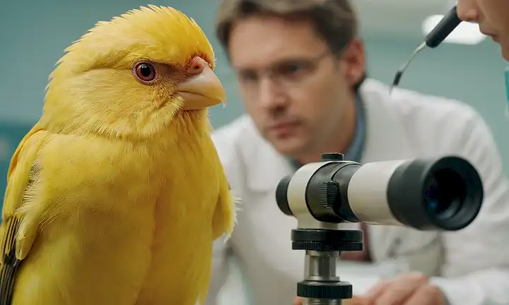 Un canario colorido encaramado en una rama, plumas rofadas, con una expresión preocupada, frente a un fondo médico borroso; un médico o veterinario en la distancia, examinando otro pájaro a través de un microscopio o estetoscopio, con una lupa cerca, rodeado de sutiles indicios de enfermedad como plumas que caen, ojos rojos y equipo de laboratorio