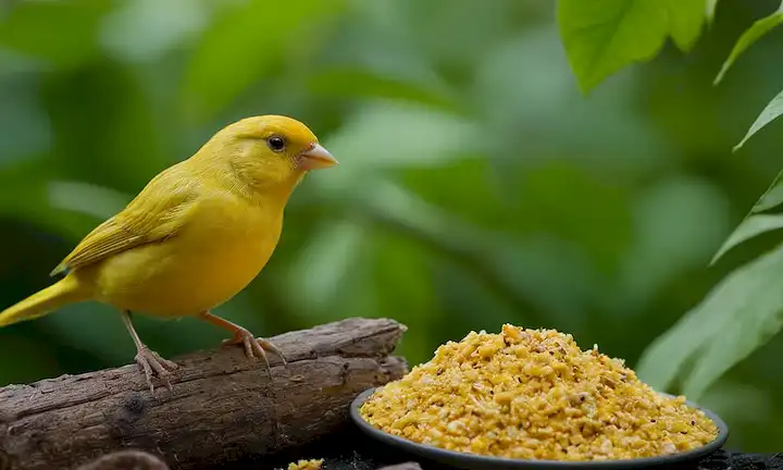 Un canario amarillo brillante encaramado en una ramita, mirando preocupado, con un ligero droop en su cabeza, rodeado de vegetación exuberante, junto a una pequeña pila de migajas de alimentos, y una forma sombría débil de un estetoscopio médico cercano