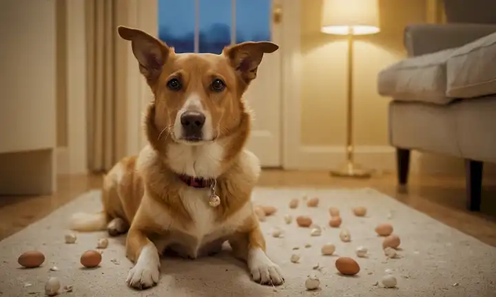 Un perro feliz con brillante capa sentado cómodamente en el suelo, huevos y conchas dispersas alrededor, perros mayores en el fondo, iluminación caliente, enfoque suave