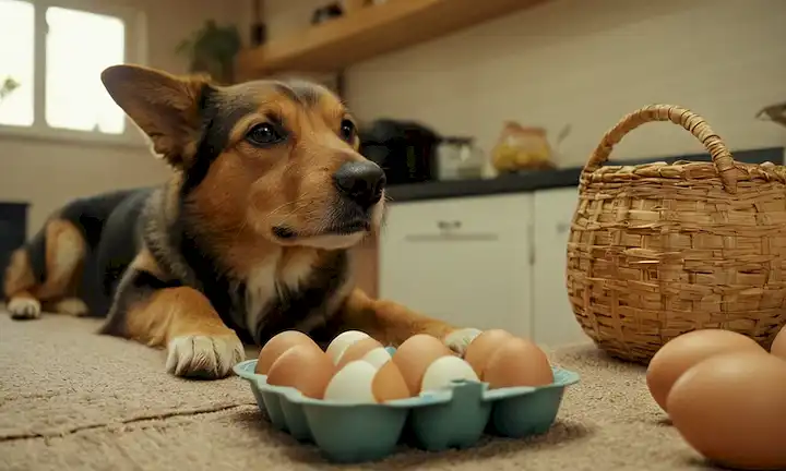 perro feliz comiendo huevo en la mesa con el dueño sosteniendo otro huevo, soleado fondo de cocina, canasta de huevo fresca cerca, iluminación caliente, alfombra suave