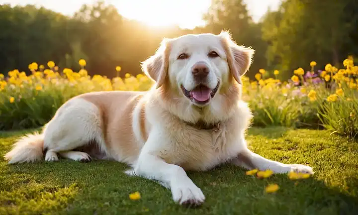 Feliz perro sano tumbado en hierba verde felpa con suave piel dorada, sol brillante detrás, pocas flores coloridas dispersas alrededor, suave corriente fluyendo en el fondo, ambiente tranquilo y sereno, brillo sutil en su abrigo