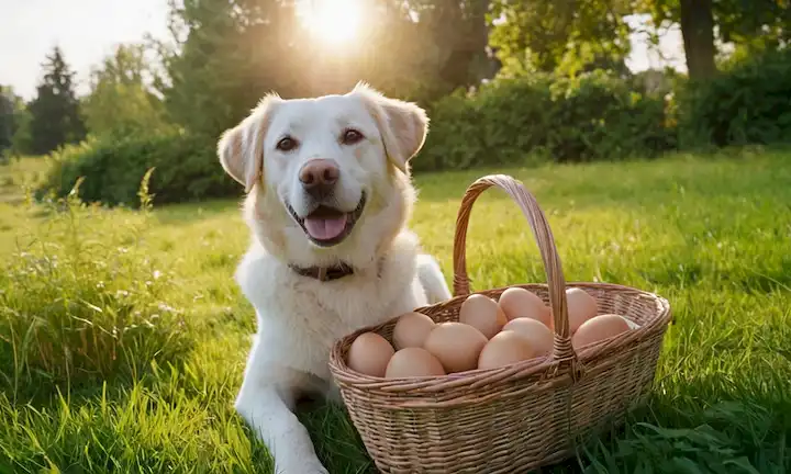 Un perro feliz con una canasta de huevos en su boca, sentado en un exuberante campo de hierba verde, rodeado de plantas y árboles de aspecto saludable, con una cálida luz del sol brillando, con un paisaje natural sereno