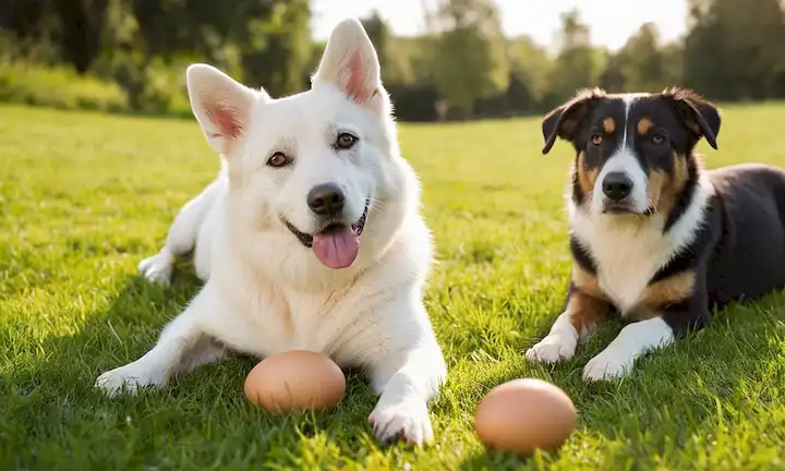 3-4 perros de diferentes razas y tamaños, en un entorno natural al aire libre, con hierba verde, sol y tal vez algunos árboles o arbustos; un perro que sostiene un huevo en su pata, otro lamiendo un huevo, y otro acostado con huevos cercanos, transmitiendo contenido y amistad