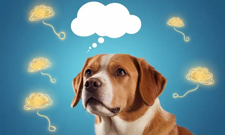 ilustración 3D, estilo de dibujos animados, con un perro feliz con una burbuja de pensamiento, rodeado de ondas de cerebro giratorio, neuronas, y un sutil icono de huevo, en medio de un fondo azul suave con toques de luz dorada