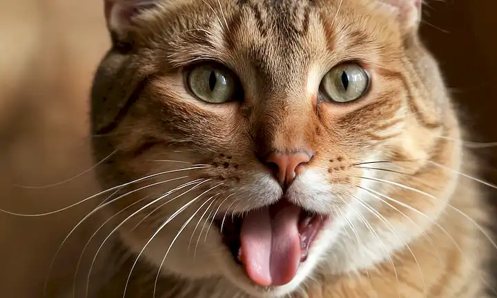 Vista de cerca de una cara de gatos con la lengua pegada hacia fuera, las fosas nasales ondeando a la ancha, los labios acurrucados hacia arriba, las orejas hacia adelante, los ojos medio cerrados y los silbidos ligeramente girando