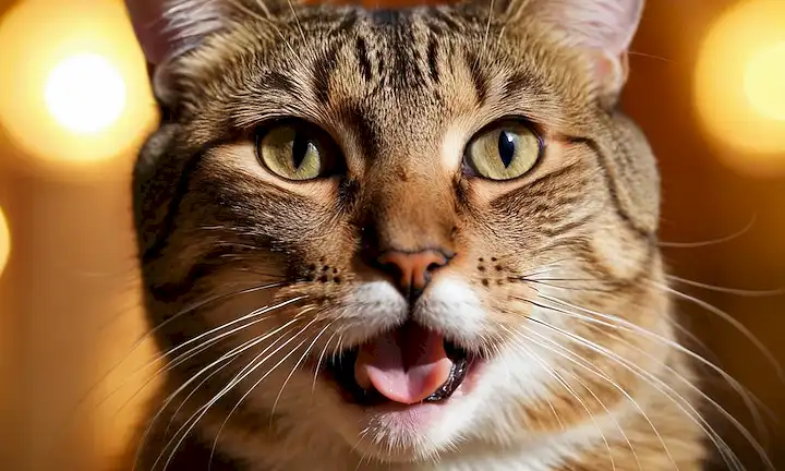 un disparo de cerca de una cara de gatos con ojos abiertos, lengua extendida, fosas nasales y órgano vomeronasal visible, contra un fondo borroso, en iluminación de enfoque suave, con sutiles relieves en la piel, capturando un momento de postura de Flehmen