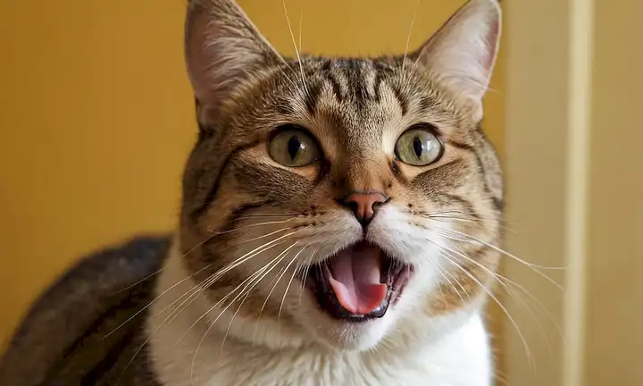 Una cara de gatos con un labio elevado y la lengua, mirando hacia arriba, silbidos hacia adelante, ojos dilatados, orejas perked, furfed hacia arriba, narices flar, boca abierta ligeramente