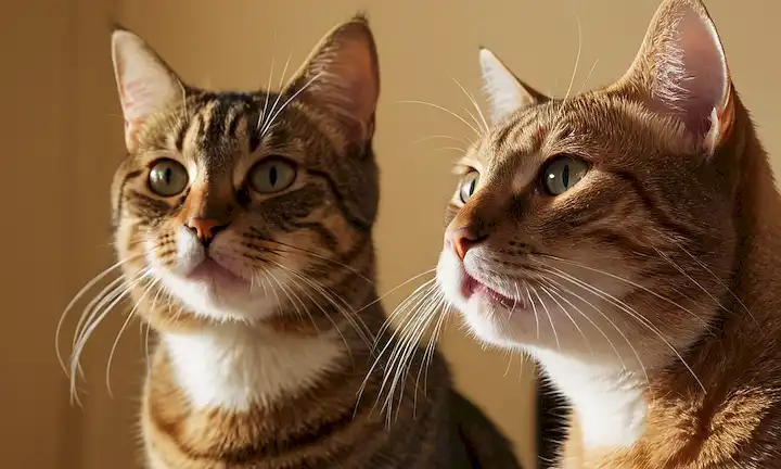 2 gatos, uno con lengua hacia fuera y fosas nasales flared, el otro tranquilo y curioso, en un tiro de cerca, contra un fondo plano, enfoque suave, iluminación caliente