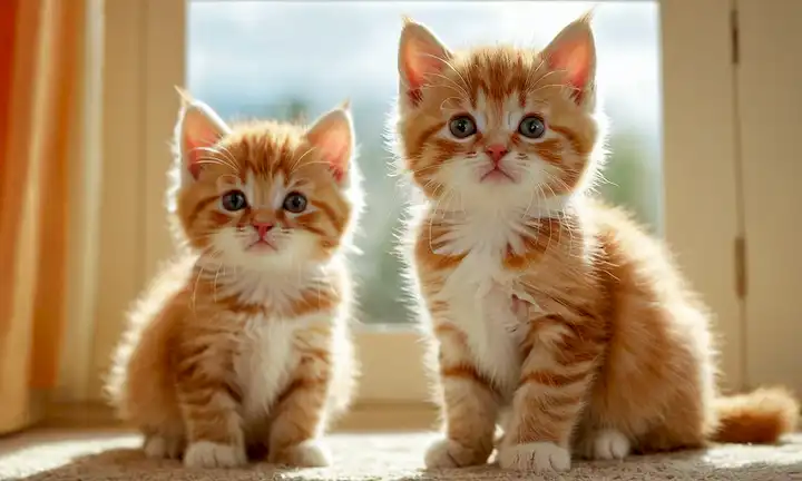 3-4 gatitos juguetonos con piel naranja, expresiones curiosas, texturas suaves y suaves, colores brillantes, fondo caprichoso con rayos solares o nubes, ambiente suave, iluminación cálida