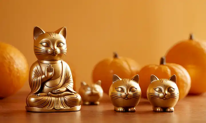 Figuras de gato dorado en una mesa de madera, rodeadas de naranjas, estatuas de Buda diminutas, y delicadas linternas chinas, con un toque de luz de la mañana malvada, puesta en un cálido beige o fondo naranja