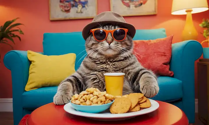 Un gato de dibujos animados con sombrero y gafas de sol, sentado en un sofá, rodeado de aperitivos, con una expresión perezosa, en un fondo de estilo cómico, con colores audaces e ilustraciones juguetonas