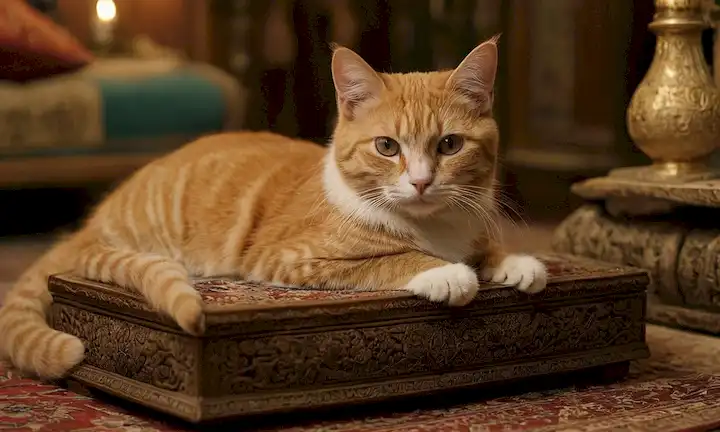 Un gato anaranjado de tono cálido en un cojín de terciopelo, rodeado de cajas de madera intrincadamente talladas, mecanismos de relojería antiguos y delicadas figuras de porcelana; fondo de enfoque suave con patrones intrincados, posiblemente una alfombra persa o una tapicería; iluminación sutil con puntos destacados cálidos en la piel de gatos