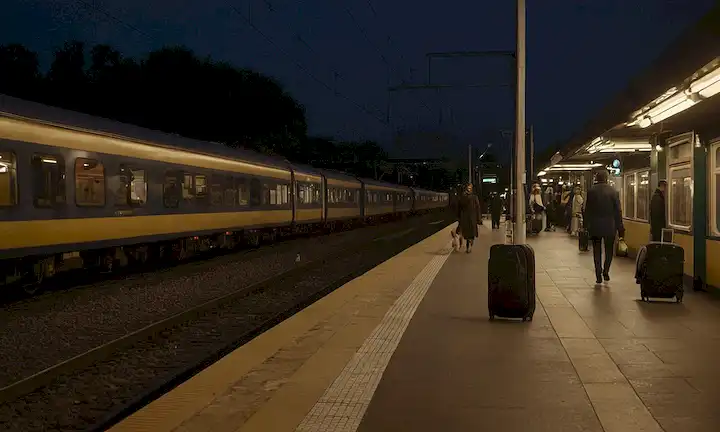 Plataforma de estación, oscuridad de la mañana, luz débil de las lámparas, figuras borrosas en la distancia, gato perdido, equipaje y bolsas esparcidas alrededor de ella, velocidad de conmutación, trenes detenidos, atmósfera ocupada