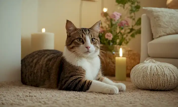 Un espacio interior sereno con alfombras de felpa, colores calmantes, luz natural suave, juguetes de gato y postes de arañazo esparcidos alrededor, un rincón acogedor con almohadas, un jarrón con flores frescas, una chimenea caliente o una vela, una figura felina tranquila que se erige en el suelo, una brisa suave sopla a través de ventanas abiertas