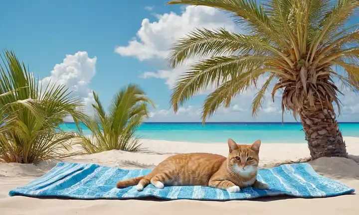 3D ilustración de un gato en una toalla de playa, palmera en el fondo, dunas de arena y océano azul claro, suaves olas a la orilla, nubes suaves encima, ambiente relajante con iluminación suave