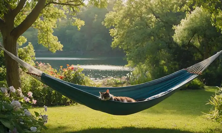 Un paisaje sereno con un gato sumido en una hamaca, rodeado de exuberante vegetación, unas flores florecientes, y un lago tranquilo en el fondo, con unas cuantas aves volando sobre la cabeza, la luz del sol caliente filtrando a través de los árboles, un sentido de ambiente tranquilo