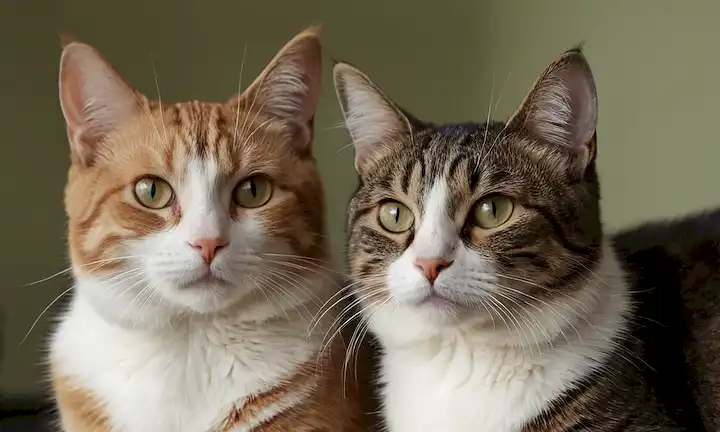 2 gatos en primer plano, macho y hembra, longitudes y colores variados, diferentes características faciales, expresiones lúdicas y tranquilas, enfoque suave