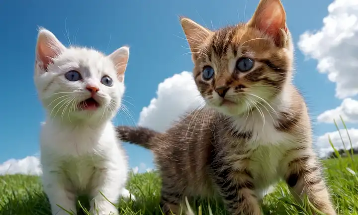 2 gatitos juguetonos en un área pastosa