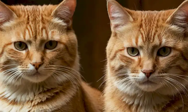 2 felinos, uno con una construcción más musculosa, uno con una cara más redonda, acercamientos de áreas genitales, textura de piel y diferencias de color, sutiles toques de agresión o juguetón, silbidos y formas de oído contrastando