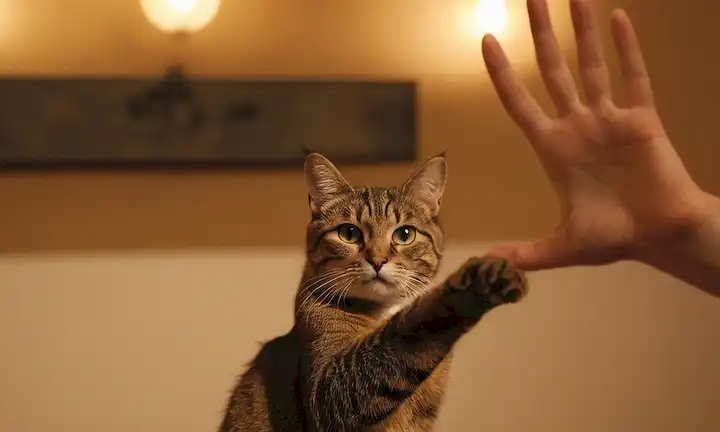 un gato curioso con garras extendido, una mano o brazo de personas en el fondo, iluminación sutil, colores cálidos, ambiente tranquilo
