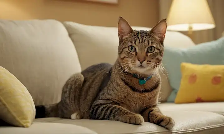 Un gato juguetón sentado en un sofá, mirando directamente al espectador con una expresión inocente; Un fondo tranquilo y sereno con texturas sutiles; Una mano o un brazo suave que llega a mascota o guía al gato, transportando límites; una iluminación suave y cálida con un ligero efecto de sombra; unos pocos juguetes o objetos dispersos en la escena, insinuando un ambiente juguetón; El estado de ánimo general es pacífico y acogedor, mostrando una relación armónica