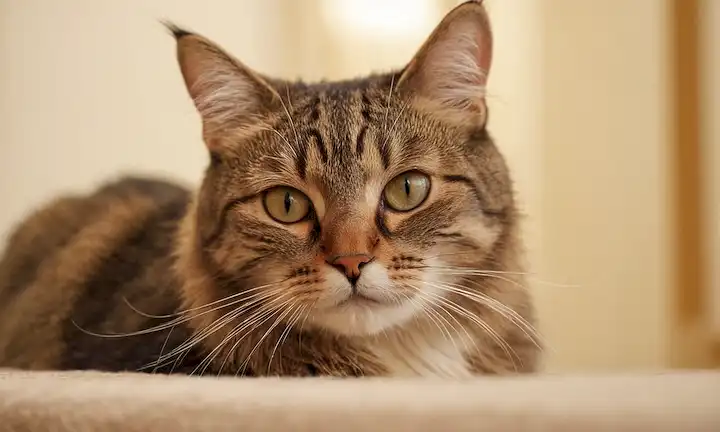 Una vista de cerca de una cara de gatos con ceja surcada, silbidos ligeramente hacia adelante, y ojos inclinados en incomodidad; una inclinación sutil a su cabeza; una pata que alcanza como si buscara comodidad; un fondo de enfoque suave con formas borrosas, sugiriendo la presencia de una persona o objeto; colores suaves y mudos