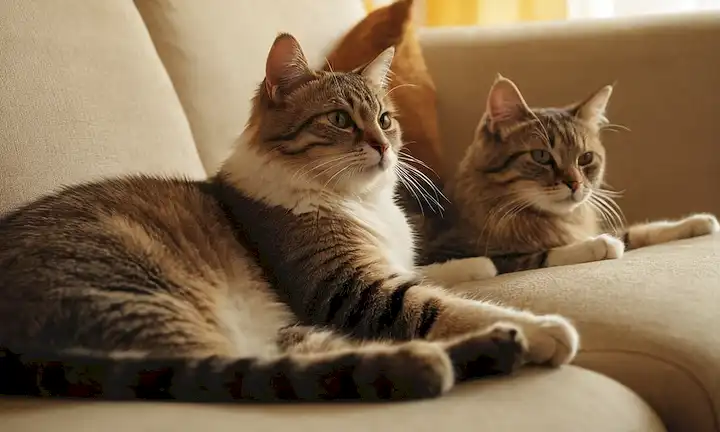 2 gatos acostados en un sofá suave, manos suaves acariciando, luz solar cálida, ambiente tranquilo, silbidos juguetonos, poses relajadas, piel borrosa, expresión serena