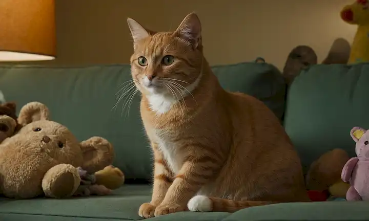 Un gato sentado en un sofá, orejas subidas, cola girando, con una burbuja de pensamiento sobre su cabeza, rodeado de juguetes y espacio vivo desordenado, iluminación cálida y sombras, con un toque sutil de malicia en su mirada