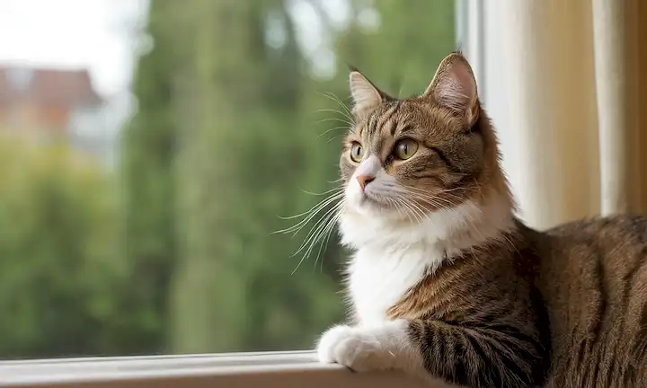 Un curioso gato sentado en un ventanal, orejas inclinadas hacia arriba y cola girando, rodeado de cortinas deslumbrantes; con un fondo borroso de árboles o edificios fuera para sugerir sonidos al aire libre; enfoque suave en la cara de los gatos para transmitir curiosidad y alerta, con aspectos destacados en los silbidos y ojos para llamar la atención