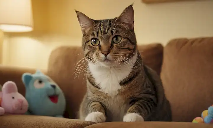 Un gato curioso sentado en un sofá, pawing at air, con una expresión de frustración y ansiedad, en medio de juguetes dispersos o ambiente desordenado, bajo iluminación suave, con un fondo borroso del interior de casa