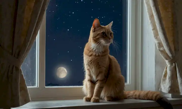Un gato curioso sentado en un ventanal con sus orejas levantadas y una pata levantada