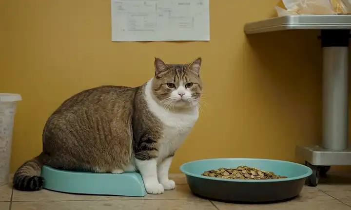 Un gato chubby con una barriga redondeada, sentado en una escala o pesado por monedas, rodeado de envolturas de comida insalubres, cerca de una caja de litera con una cantidad rebosante de heces, y un esbozo débil de una carta de veterinarios en el fondo