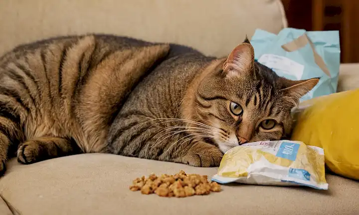 Un gato fontanero acostado en un sofá con una bolsa abierta de golosinas junto a él, rodeado de migajas y litera; otro gato en el fondo con una bulga alrededor de su cintura, ambos mirando deslumbrante; una etiqueta nutricional en una lata cercana de alimentos destacando alto contenido de calorías