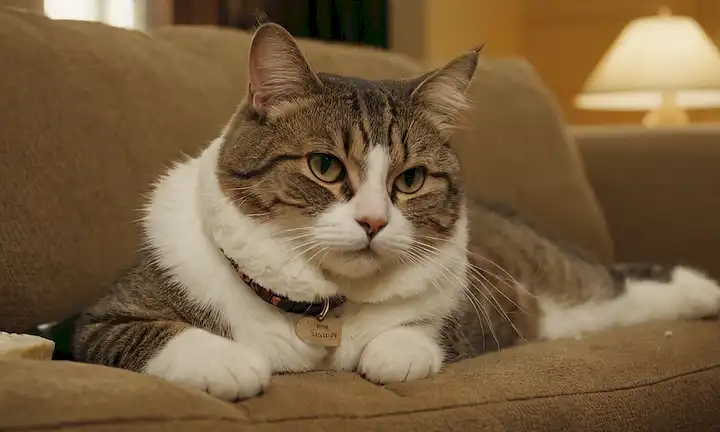 Un gato fontanero en un sofá, rodeado de migajas y chatarras, con un toque de vergüenza en su cara, usando un collar con una etiqueta leyendo Furry Friend, en un ambiente cálido y acogedor